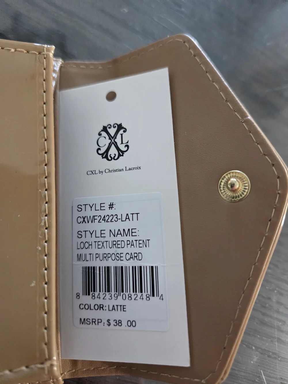 Christian Lacroix Beige Patent Mini Wallet with Gold Logo Accent